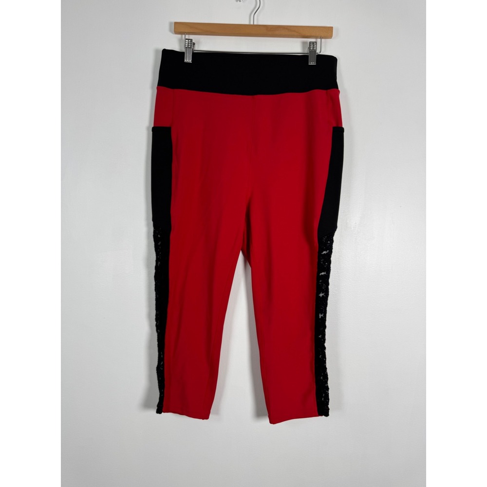 Gothcore POP Fit Women 2XL Capri Leggings Red Black Lace Trim Pockets High Rise